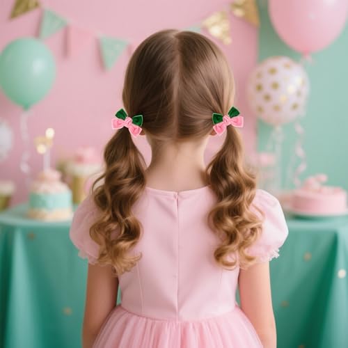 Wecoe 2 piezas Pinzas para el cabello de lazo de terciopelo, lazos de doble capa rosa y verde para niñas y mujeres miniatura 4