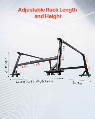 Image of VEVOR Truck Ladder Rack, 21-31.5 in Height, Adjustable Non-Drilling Aluminum Cargo Rack with Sidebar, 800 lbs Static Capacity, Ideal for Canoes, Surfboards, Ladders, Lumber, Tents, and Large Cargo