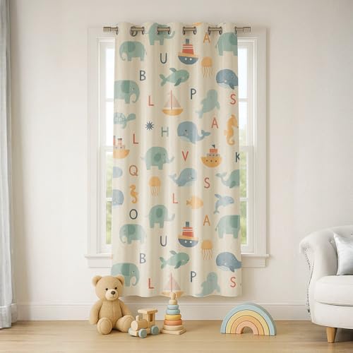 Image of STITCHNEST Velvet Kids Curtains Pack of 1 | Alphabet & Animal Print | Semi Blackout Curtains for Baby & Toddler Room | 7 Feet