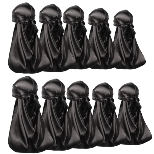 10 Pieces Silky Durags Long Tail for Women Men Satin Durag 360 wave，Dorag, Black Durag