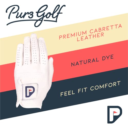 Pur3 Golf - Men’s Premium Tour Golf Glove For Right Handed And Left Handed Golfers, Cabretta Leather, Ball Marker Included, 3 Glove Multi Pack With Red, Blue And Beige Gloves (Large, Left) #TOP1