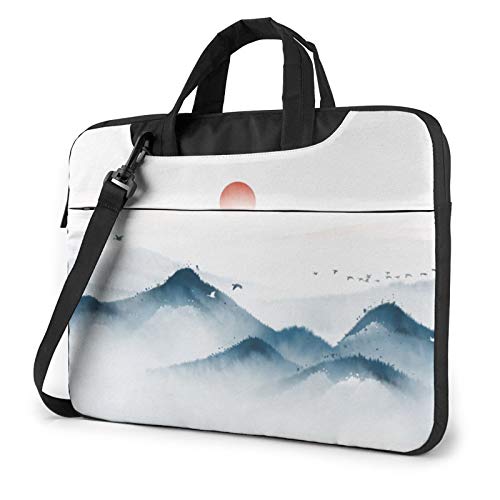 DADABULIU パソコン ケース ノートパソコンケース 水墨画 山 太陽 唐絵 東洋風 鳥 PCバッグ 手提げ カバン360°保護 耐衝撃 収納 持ち運び かわいい 13 / 14 / 15.6 インチ ビジネスバッグ 通勤 通学 おしゃれ