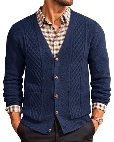 Runcati Mens Cardigan Sweater Casual V Neck Cable...