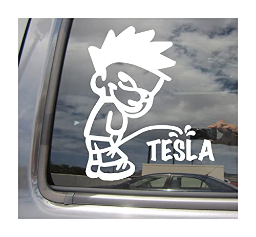 Boy Pee On Tesla - Funny Piss On Car Truck Van Moped Helmet Hard Hat Auto Automotive Craft Cup Tumbler Laptop Vinyl Decal Bumper Window Wall Sticker 02120