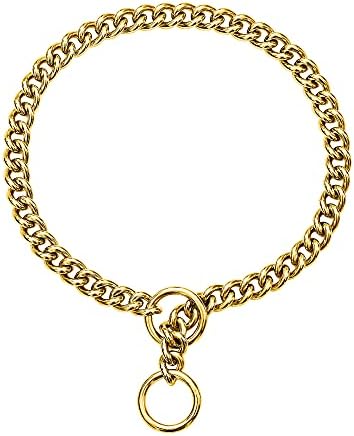 Gold Chain Dog Collar, Thick Metal Stainless Steel Cuban Chain Links Personalized for Large Dogs Walking, Chew Water-Proof Puppy Necklace（Every Links Welded