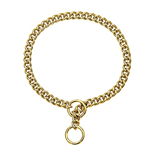 Gold Chain Dog Collar, Thick Metal Stainless Steel Cuban Chain Links Personalized For Large Dogs Walking, Chew Water-Proof Puppy Necklace（Every Links Welded #TOP19