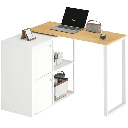 HOMCOM Schreibtisch L-förmig, 360° drehbarer Eckschreibtisch mit 2 Lagerschränken, 2 offenen Regalen, Computertisch für kleine Räume, Arbeitszimmer, Wohnzimmer, 150x40x75 cm, Weiß