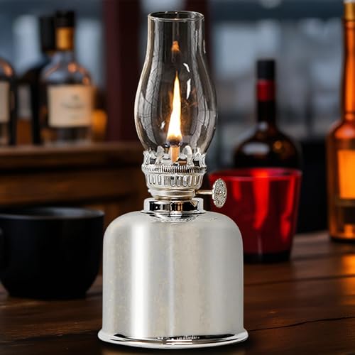 Petroleumlampe für Innenräume, Metall Glas Öllampen für Innen, Winddicht Öllampe, Retro Petroleumlampe, Petroliumöllampe, Einstellbare Helligkeit, öl Lampen für Notfall, Garten, Esszimmer (Silber)