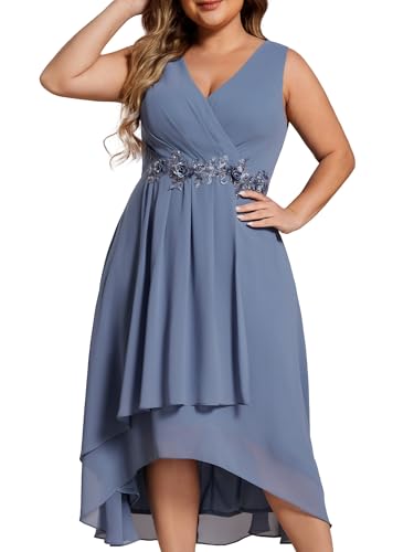 Image of Ever-Pretty Plus Women's V Neck Applique Chiffon Pleated Sleeveless Midi Plus Size Cocktail Party Dresses