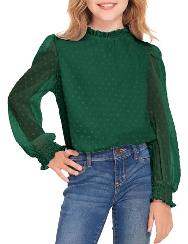 Image of Arshiner Girls Long Sleeve Shirts Chiffon Blouses Swiss Dot Frill Neck Top