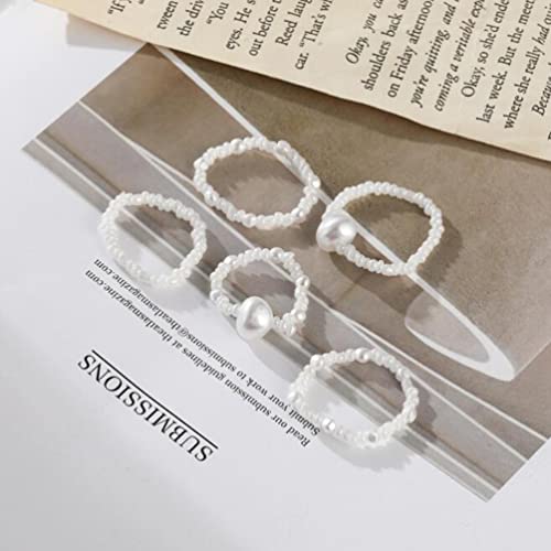 Khaki Retro Simple Off-White Rice Bead Ring Ring White Pearl Rice Bead Ring 5 Piece Set #TOP2