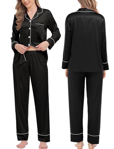 SWOMOG Couples Matching Pajamas Sets Women & Men Silk Satin Long Sleeve Button Down Sleepwear 2 Pcs Classic Loungewear Women Black XX-Large2