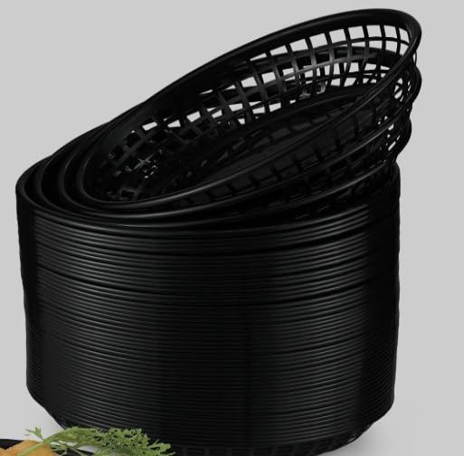MAKTSAM 60 cestas ovaladas negras de plástico para comida rápida, de 22,5 x 14 x 4 cm, apilables, para alimentos, aperitivos, sándwiches, hamburguesas