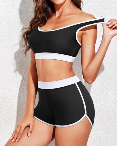 Image of Women Two Piece Sporty Bikini Set Athletic Swimsuits with Boy Shorts Bottom | Racerback, Crop top, Drawstring, Bathing suits, Mid Rise, Padded bra, Full lining, Scoop neck, Full coverage