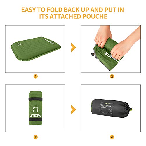 ATEPA Self-Inflating Insulated Seat Cushion for Stadium,Camping, Pressure Relief, Bleacher, Sports, Air Plane Ride, Travel, Office Chair, Car Pad, Lumbar Support, with Carrying Bag, Green