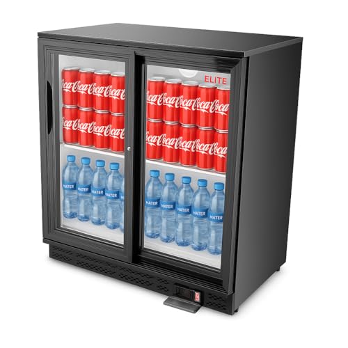 HAKKA Commercial Double Sliding Door Bar Fridge,281L Capacity,0°C to 10°C Commercial Refrigerator,RefrigerantR600a / GWP 3,Fan-Assisted Cooling,Black