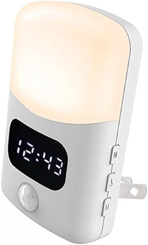 LUXON Luz nocturna LED con sensor de movimiento con reloj despertador digital, reloj de baño enchufable a la pared 4000 K blanco cálido, sensor de