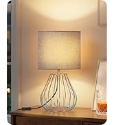 GOEBLESON Small Table Lamp, Bedside Lamp with Gray Linen Lampshade & Silver Metal Base, Modern Ni...
