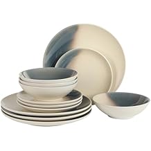 Gibson Elite Crescenton Plates and Bowls Sets, 12-Piece Blue Stoneware Dinnerware Sets, Round Reactive Glaze Dish Set