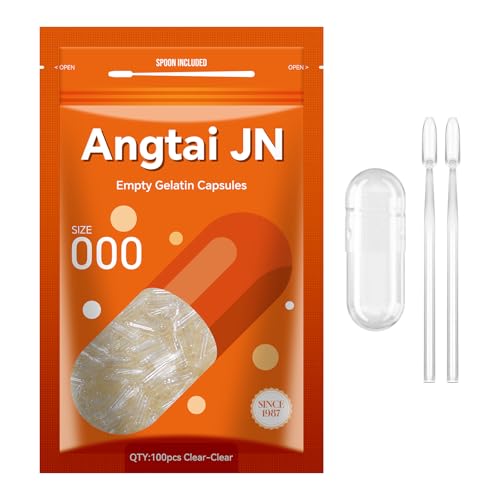 AngtaiJN Capsule Gelatina Vuote 000-Capsule Vuote Trasparenti da Riempire con 2 Microcucchiai, Capsula di Gelatina 000 Fai Da Te Compatibile con il Riempitore di Capsule Misura 000, 100 pezzi