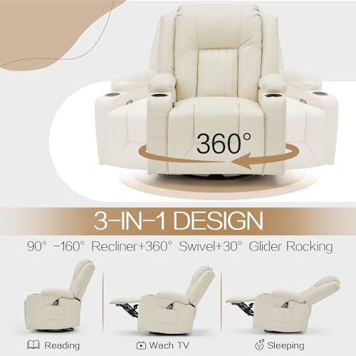 YODOLLA Modern Massage Recliner Manual Chair with Heating Function, 360° Swivel Rocking Recliner PU Leather Chair for Adults with Two Cup Holders and Side Pockets for LivingRoom/RV, Cream White - Thumbnail 4