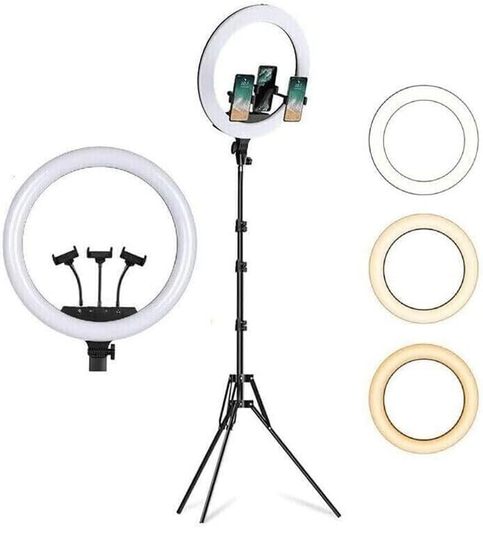 Ringh Light Anello di Luce Led 18" 43cm, 38W da 3200K a 6000K dimmerabile con triplo supporto per smartphone, Treppiede incluso 210cm, per fotografie bellezza, tiktok youtube telecomando incluso