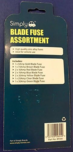 Simply BF819 Alloy Blade Fuse Assortment, High Quality Alloy Blade Fuse, Ideal for Vehicle Use, 10 Pieces and 7 Types 5A 7.5A 10A 15A 20A 25A 30A Multi-Function Car fuse, Set of 10