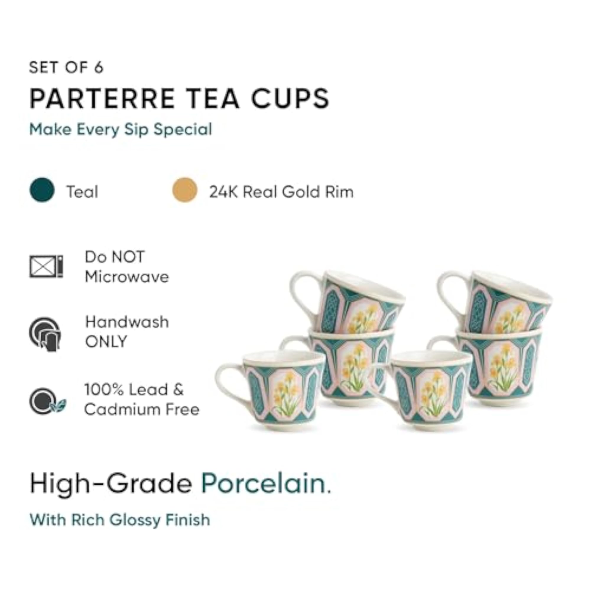 Ceramic Tea Cups Set of 6, Parterre, 180ml
