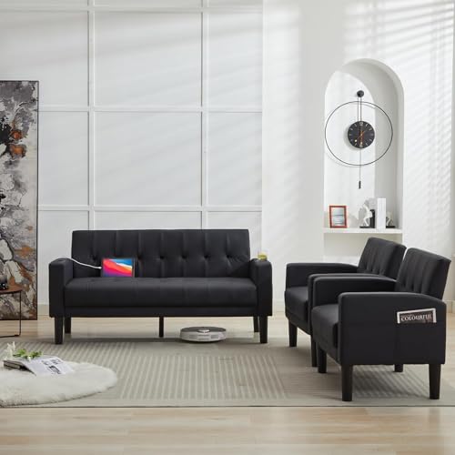 GRAVFORCE Sofa 2 Seater Comfy Upholstered Loveseat Sofa with Cup Holder Pocket Storage Small Sofas for Living Room Bedroom Office Black - Image 3