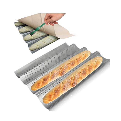 HOTOOLME Baguette bakvorm antiaanbaklaag baguette-bakplaat roestvrij staal voor 4 baguettes 38 x 33 cm - met bakkermes en bakkerlijnen