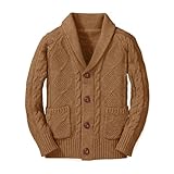 Boy's Sweater Cardigan Button Down Shawl Collar Cable Knitted Outwear Sweater Coats with Pockets Brown