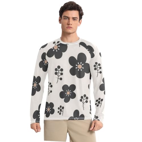 Black Flowers Sun Protection SPF Rash Guard Shirt Loose Crew Neck Long Sleeve Sun Shirt for Men Long Sleeve Running