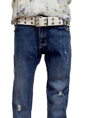 Women's & Men's Double Grommet Canvas Genuine Leather Web Eyelet Belt, 2 Hole Jeans Belt3