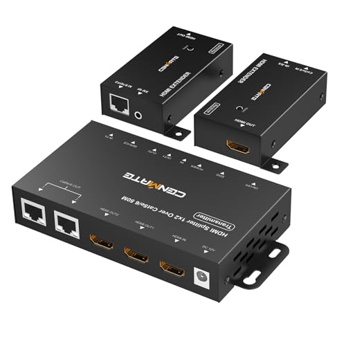 CENMATE 1x2 HDMI Extender Splitter 1080P@60Hz HDMI Over Ethernet Up to 165 FT Transmission Over CAT5e/6/7 2 Channel Transmission with 2 Loop Out Supports IR Control 3D HDCP EDID POC
