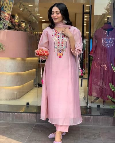 Image of Women's Cotton Mirror Work Embroidered Straight Kurti with Pant and Dupatta Set