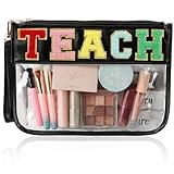 BuyCard Teacher Appreciation Gifts Clear Makeup Bag, Embroidered Chenille Letter Patches Cosmetic Bag, Zipper Pouch PVC Organizer, Portable Waterproof Toiletry Storage Bag for Women, Girls