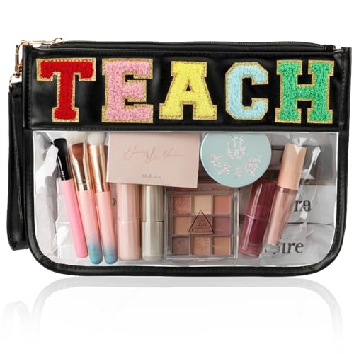 BuyCard Teacher Appreciation Gifts Clear Makeup Bag, Embroidered Chenille Letter Patches Cosmetic Bag, Zipper Pouch PVC Organizer, Portable Waterproof Toiletry Storage Bag for Women, Girls