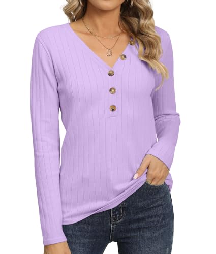 Image of DB MOON Womens Sweater V Neck Long Sleeve Ribbed Button Knit Solid Color Soft Top