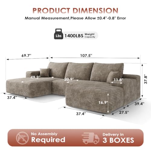 Image of Boneless Couch, Modular Sectional Couches for Living Room, U-Shaped Cloud Couch Sofa with Deep Seat, Fluffy Corduroy Upholstered Corner Sofa