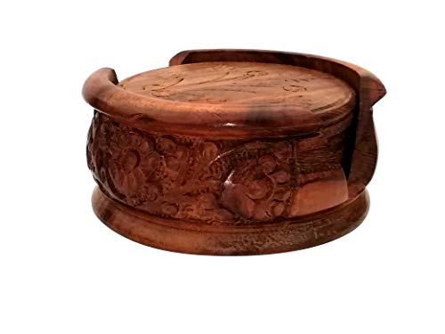 Image of Beautifully Handcrafted Wooden Coaster Set with Decorative Holder | Drink Coasters for Tea, Coffee Mugs & Bar Glasses | Authentic Indian Handicraft