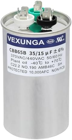 VEXUNGA 35/15 uF 35+15 MFD 370VAC or 440VAC Dual Run Start Round A/C Capacitor CBB65 Air Conditioner Capacitors for AC Unit Fan Motor Start or Heat Pump or Condenser Straight Cool