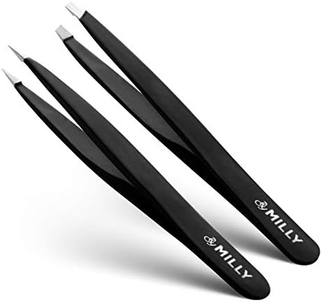 By MILLY Precision Tweezers Set, Slanted and Pointed Tips - Hammer Forged 100% German Steel - Perfectly Aligned, Hand-Filed Tips - Black