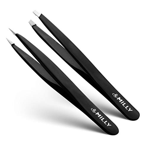 By MILLY Precision Tweezers Set | Slanted & Pointed Tip Tweezers Kit | High Carbon Stainless Steel | Aligned & Hand-Filed Tweezer Set Professional | Hair Removal & Eyebrow Tweezer Set | Black