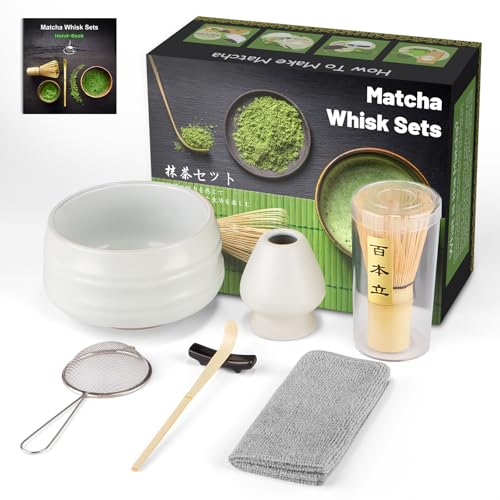 7 pezzi Matcha Kit Cerimonia Giapponese, Cucchiaio di Bamboo Pala Portafrusta, Cofanetto Matcha per la cerimonia del tè, la bevanda (Matte White, BAMBOO)