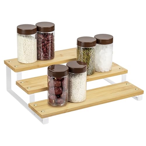 QIWODE Especieros para Cocina Armario, Estante Especias de 3 Niveles, Estante Madera para Botes Especias, Cosmetics y Otros Artículos Pequeños, Metal y Bambú