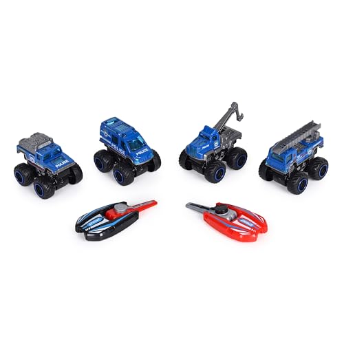 Image of Die-Cast Alloy Monster Police Truck Set of 4 with Manual Launcher | Metal Mini Monster Vehicle Toy Cars | Multicolor Pull-Back Friction Trucks for Kids Aged 3+ Years