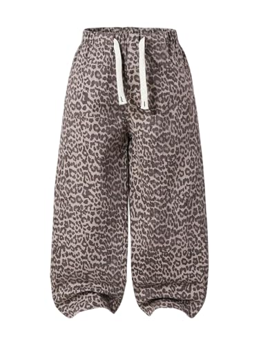 Verdusa Girl's Leopard Print Wide Leg Jeans Drawstring High Waisted Denim Pants Baggy Trousers Coffee 6Y
