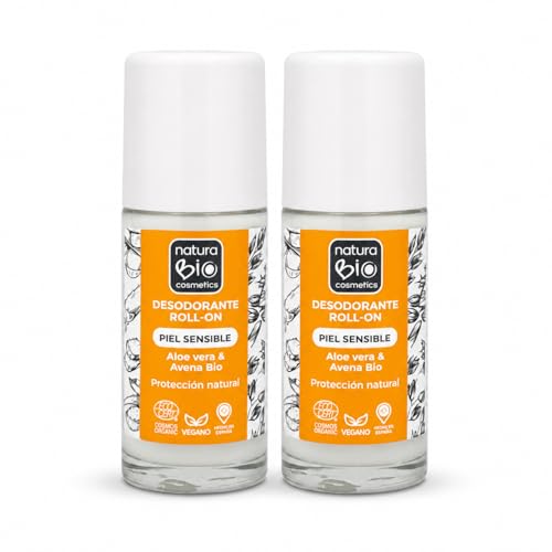 NaturaBio Cosmetics Desodorante Natural Roll-On Piel Sensible Pack 2 x 50 ml | Aloe Vera y Avena Bio | Sin Aluminio ni Alcohol | Protección Duradera | Vegano | Certificado Bio