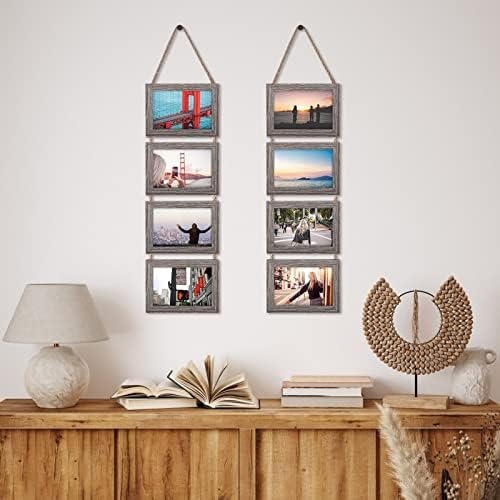 EYMPEU Grey 6x4 Photo Frame with Twine, Four Horizontal 6x4 Frames Integrated Wall Hanging to Decorate Your Home, Living Room or Office,Two Pack