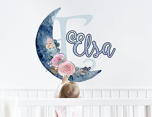 Vinilo decorativo personalizado luna y flores para cuarto niña